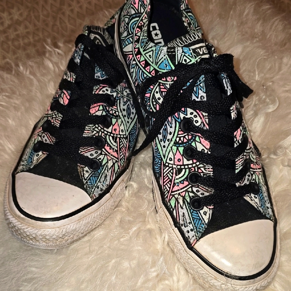 Converse Women's Sneakers - Black and Neon Multicolor Paisley Doodle Design